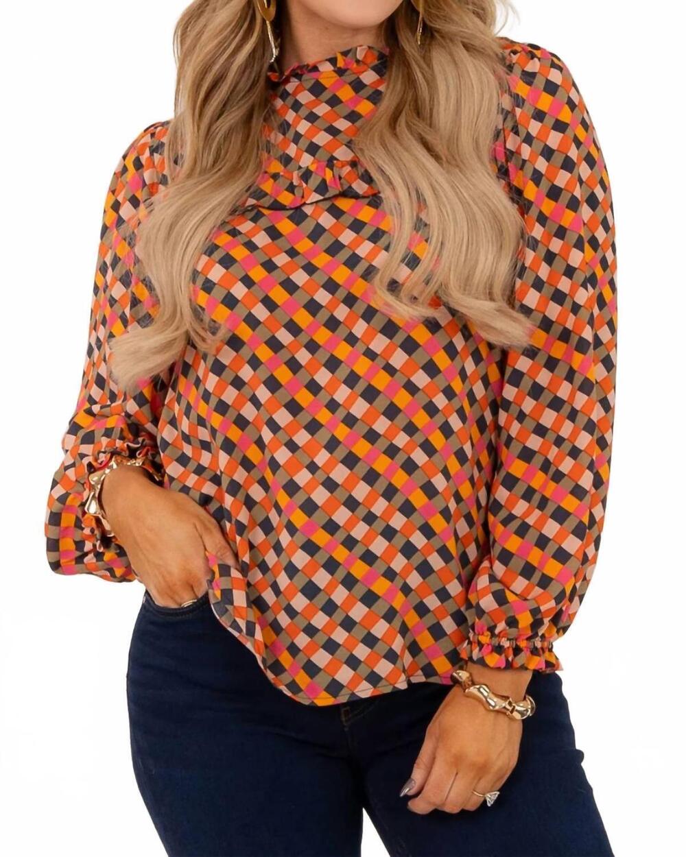 NEW IVY JANE tessa checkered ruffle top in multi